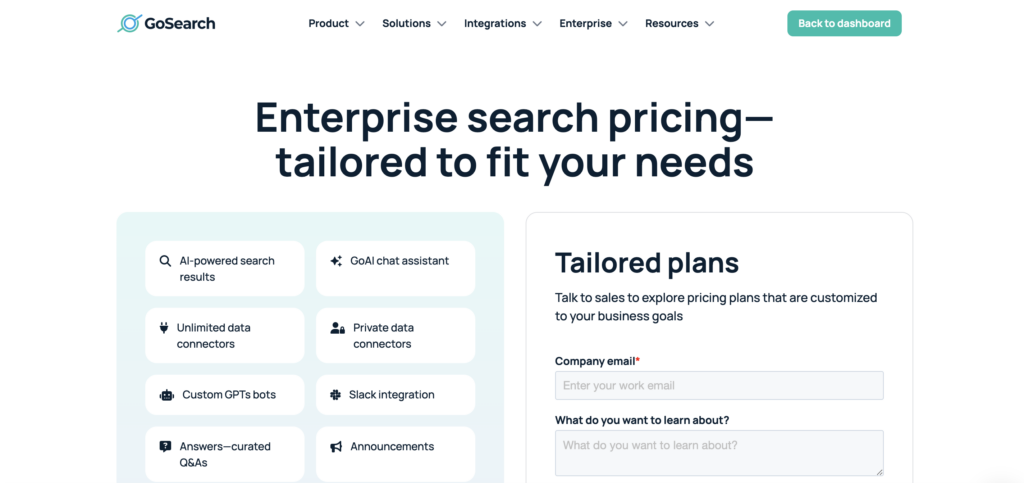 GoSearch Enterprise Pricing plan page